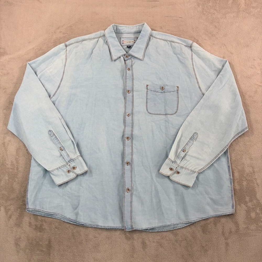 32 Bar Blues Pocket Shirt in Blue Linen Blend Men 3XL Contrast Stitching Casual